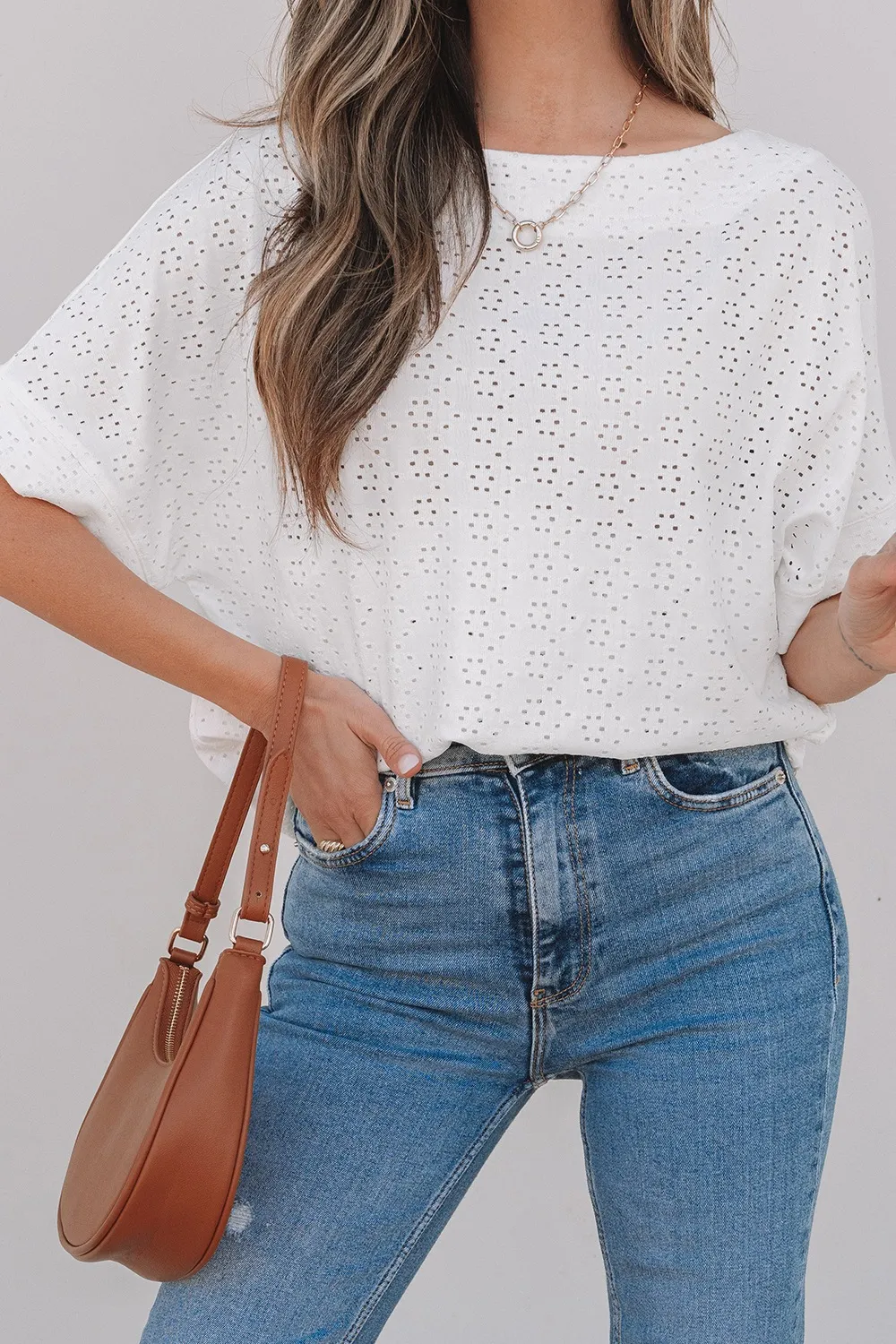 Eyelet Pattern Boat Neck Casual Tee