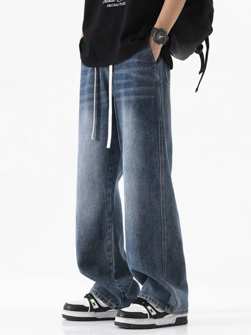 Men's Full Size Drawstring Wash Wide Leg Jeans Plus Size, image 8