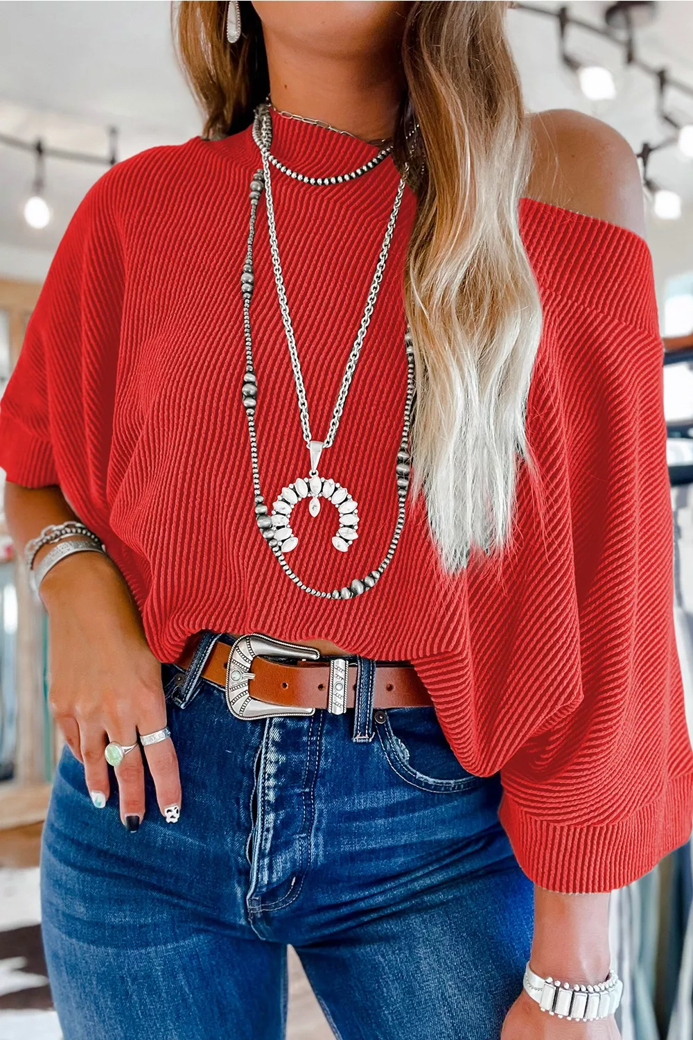 Ribbed Knit Off-Shoulder Blouse, image 9
