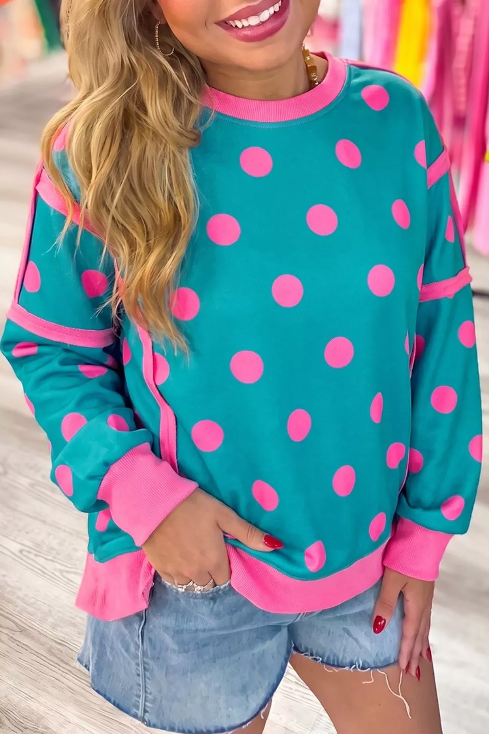 Polka Dot Contrast Patchwork Round Neck Baggy Sweatshirt, image 6
