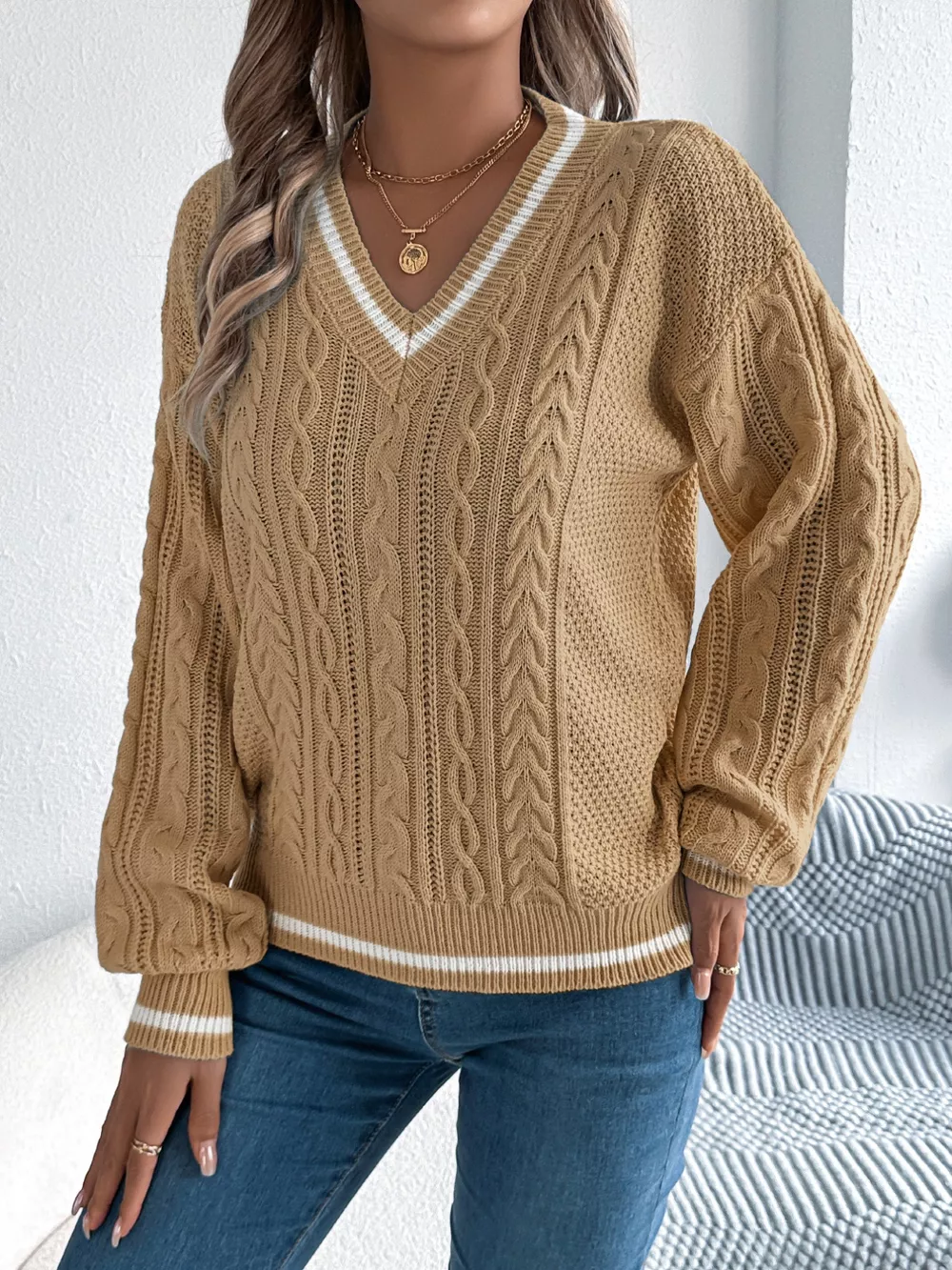 Cable Knit V-Neck Long Sleeve Sweater, image 3