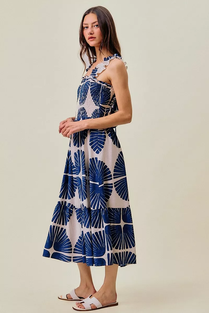 Abstract Print Smocked Bodice Tiered Lined Midi Dress, image 7