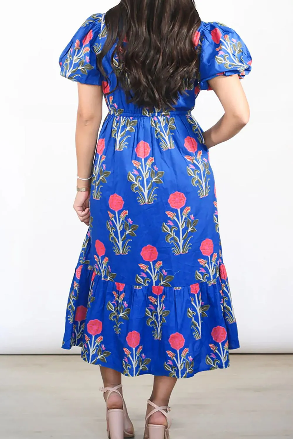 Floral Puff Short Sleeve Notched High Waist Dress, image 8