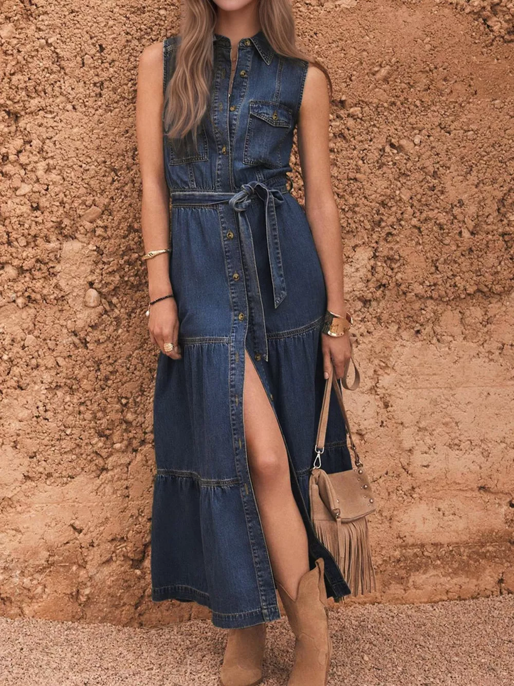Button Front Sleeveless Denim Dress