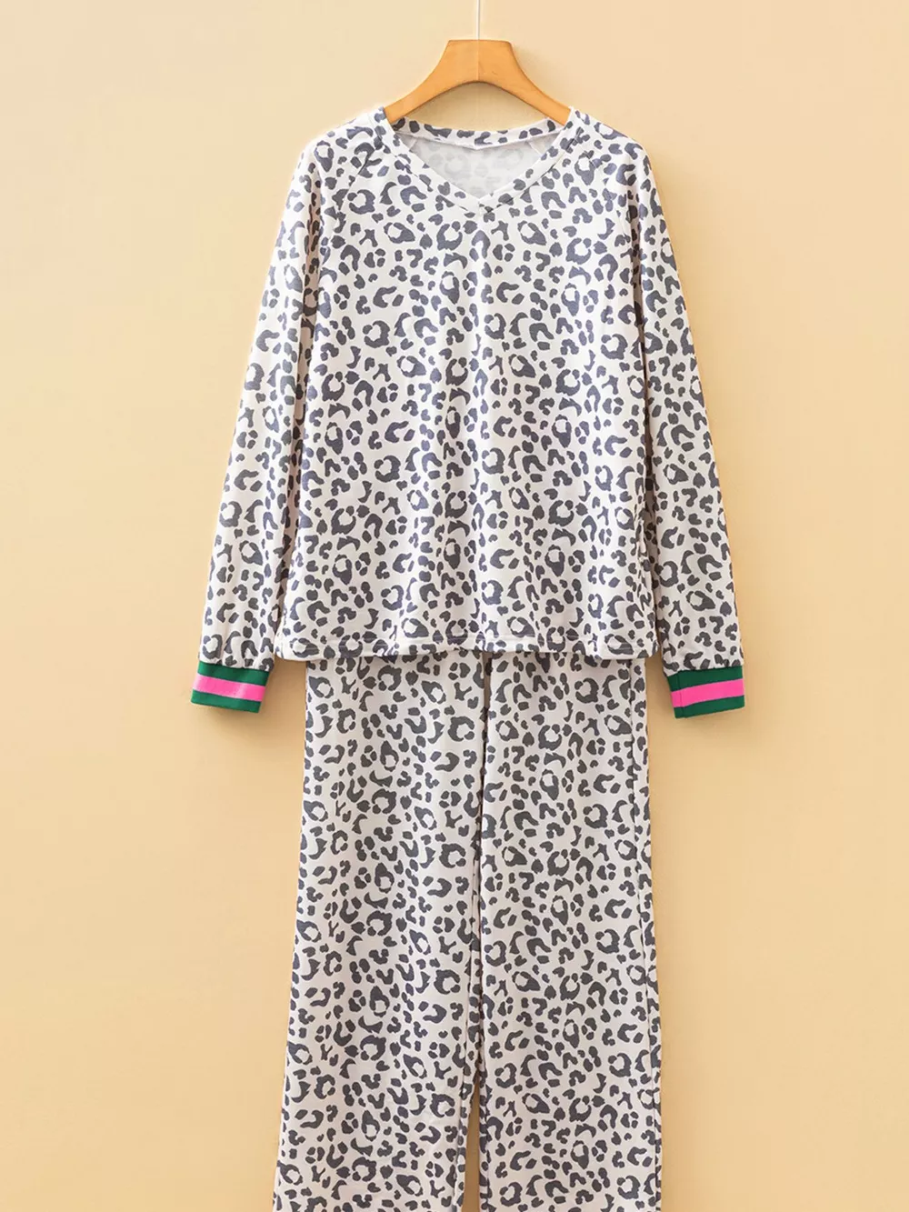 V Neck Leopard Long Sleeve Top Striped Webbing Patchwork Drawstring Pant Set, image 5