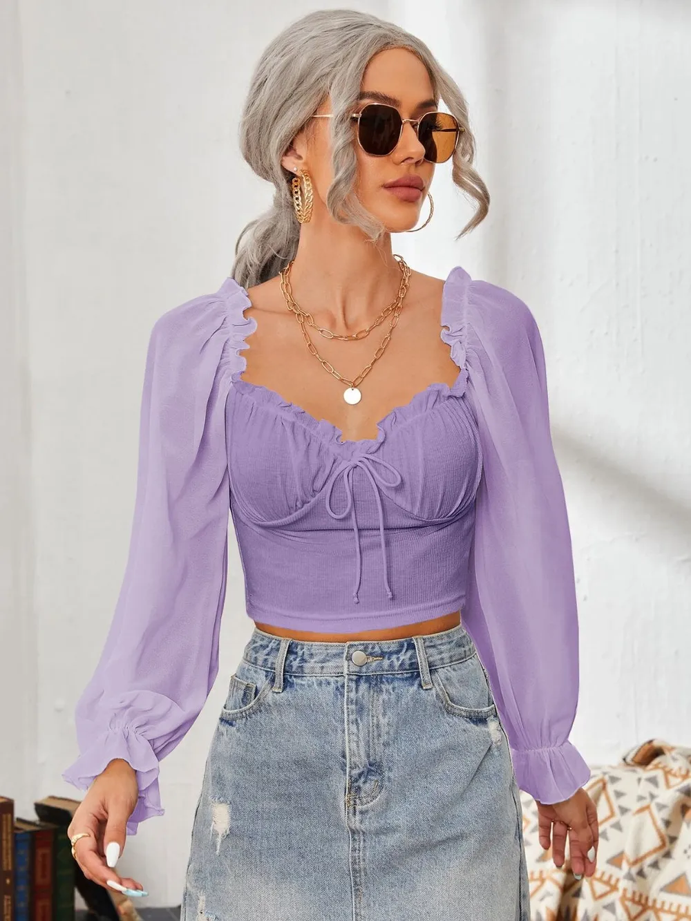 Mesh Sweetheart Neck Flounce Sleeve Top, image 26