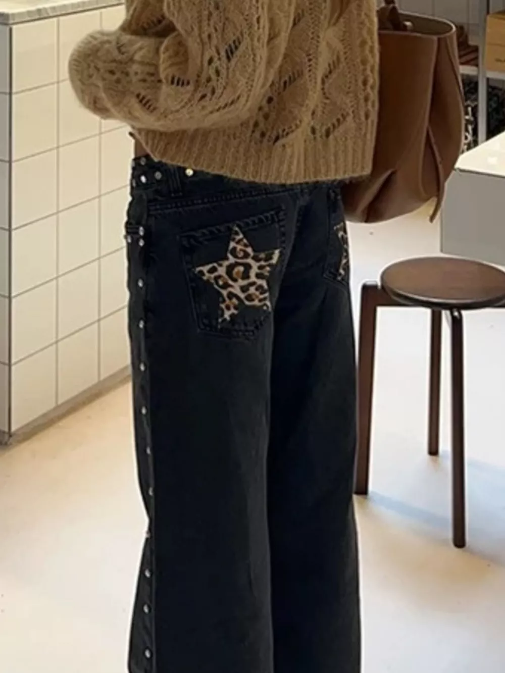 Leopard Star Patches Wide Leg Jeans, image 4