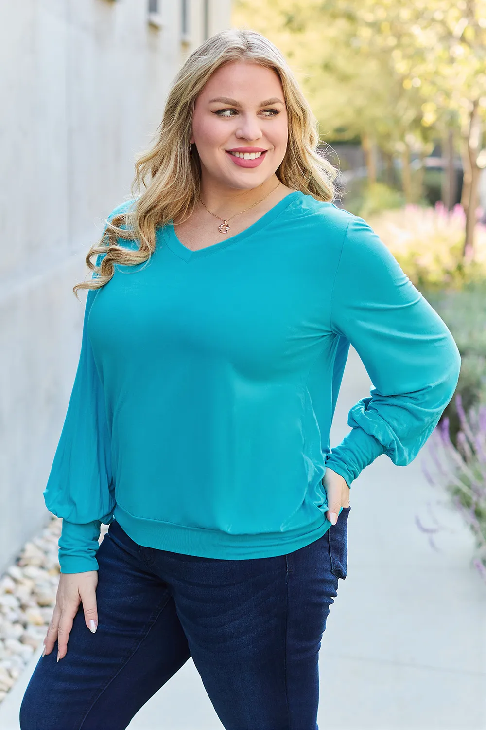 Full Size V-Neck Lantern Sleeve Top, image 29