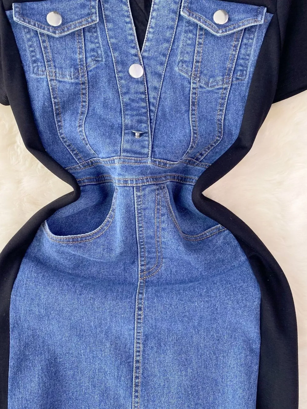 Full Size Denim Patchwork Short Sleeve Slit Back Dress Plus Size, image 9