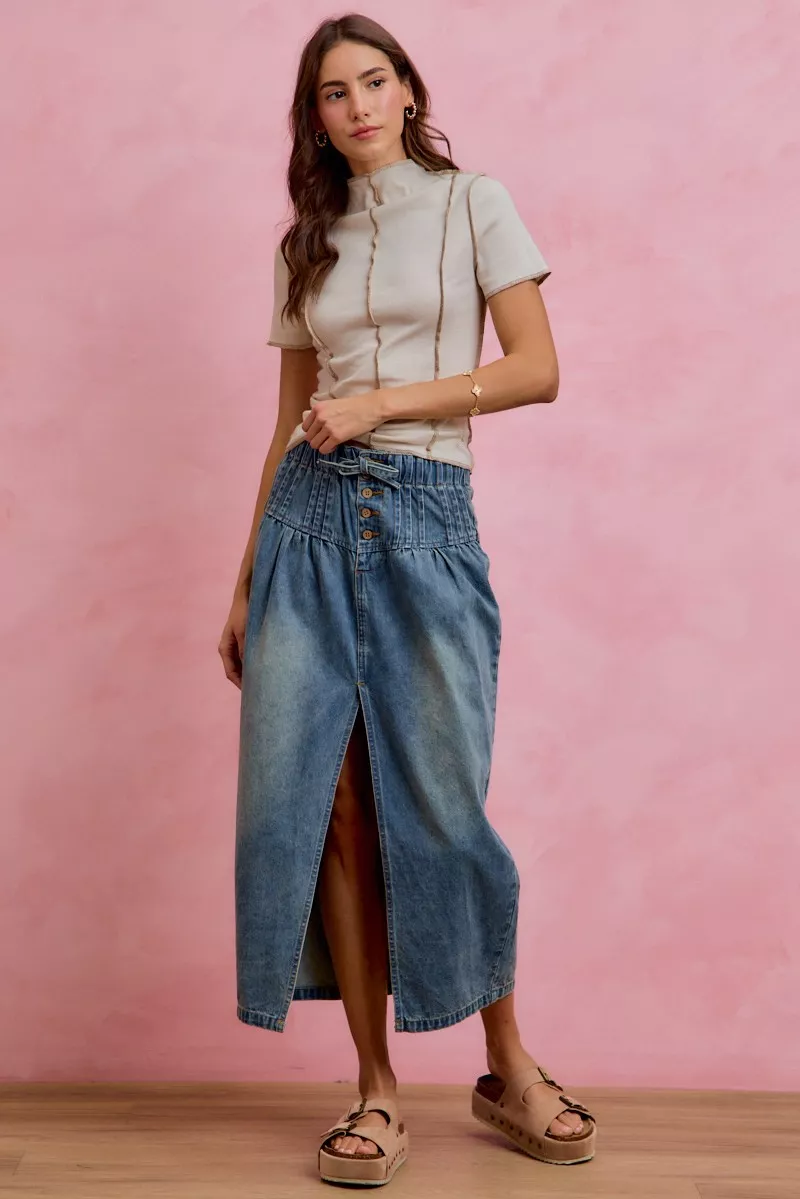 Pleated Washed Denim Skirt With Front Slit, image 4