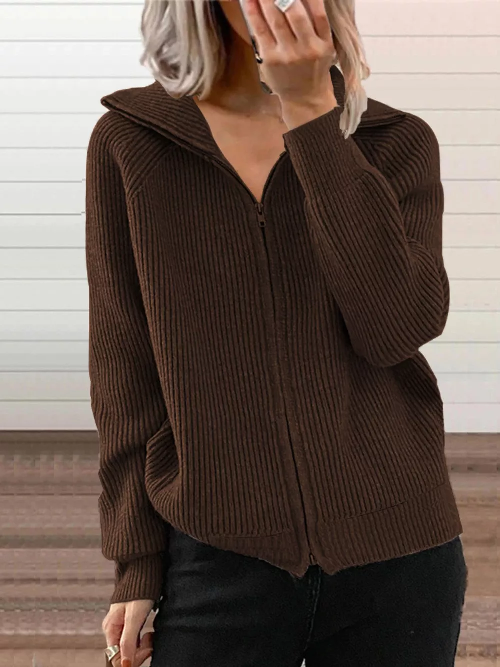 Full Size Ribbed Knit Zip-Up Outerwear Plus Size, image 9