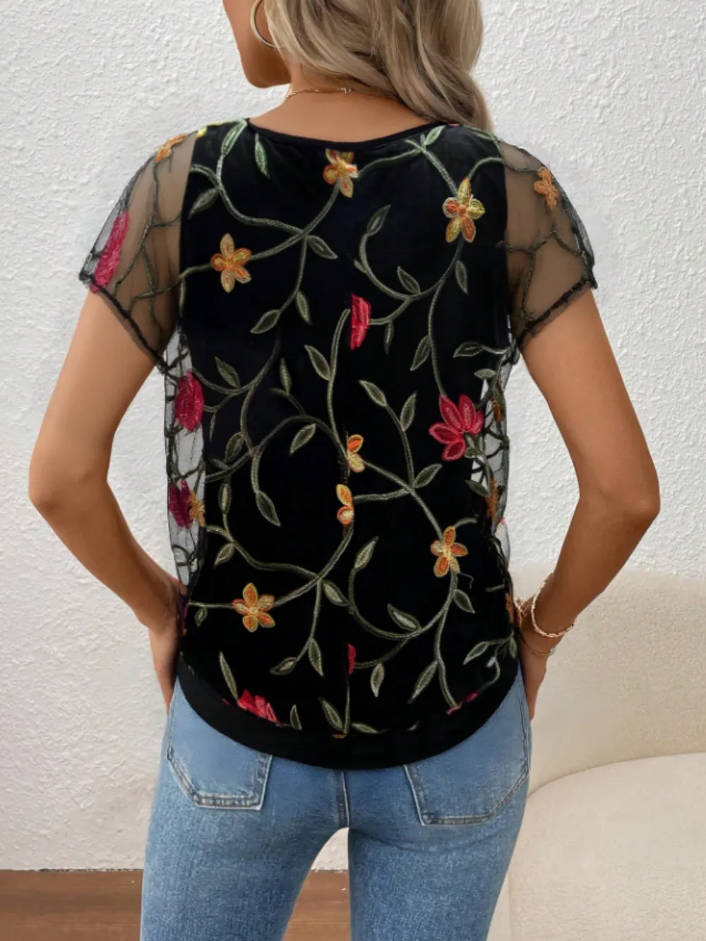Floral Short Sleeve Sheer Top, image 2