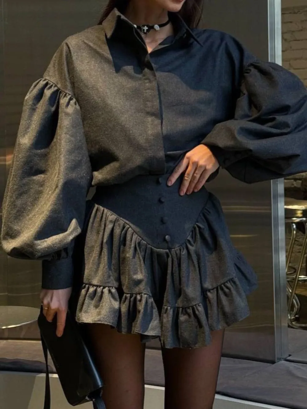 Lantern Sleeve Shirt and Ruffled Skirt Set, image 10