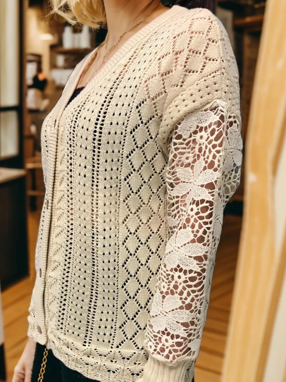 Eyelet Button Up Lantern Sleeve Cardigan, image 8
