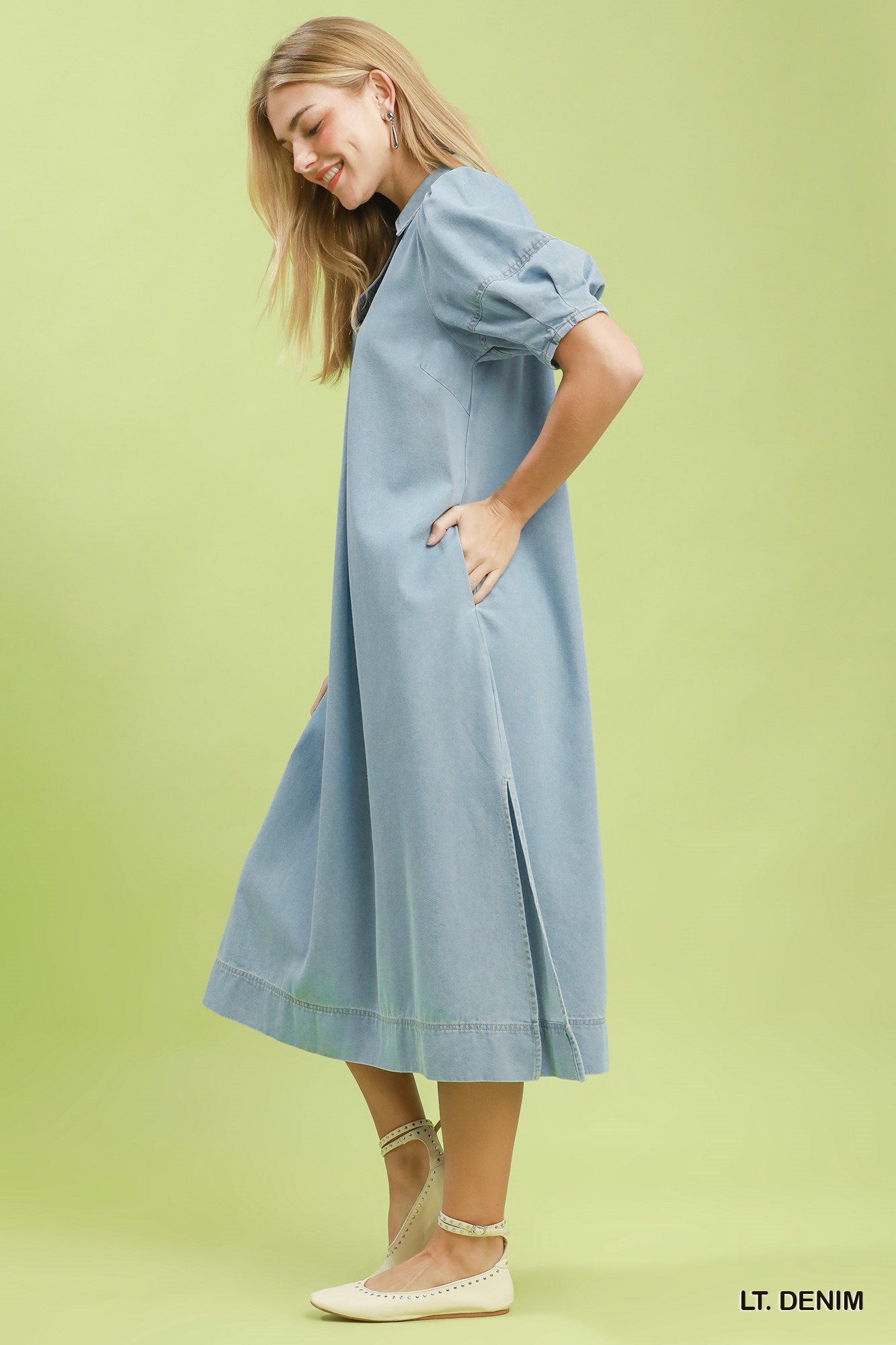 Chambray Collared Puff Sleeve Dress, image 2