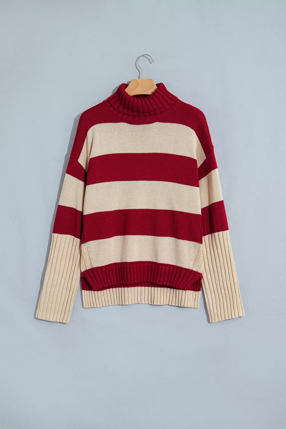 Stripe Ribbed Trim High Neck Relaxed Pullover Sweater, image 6