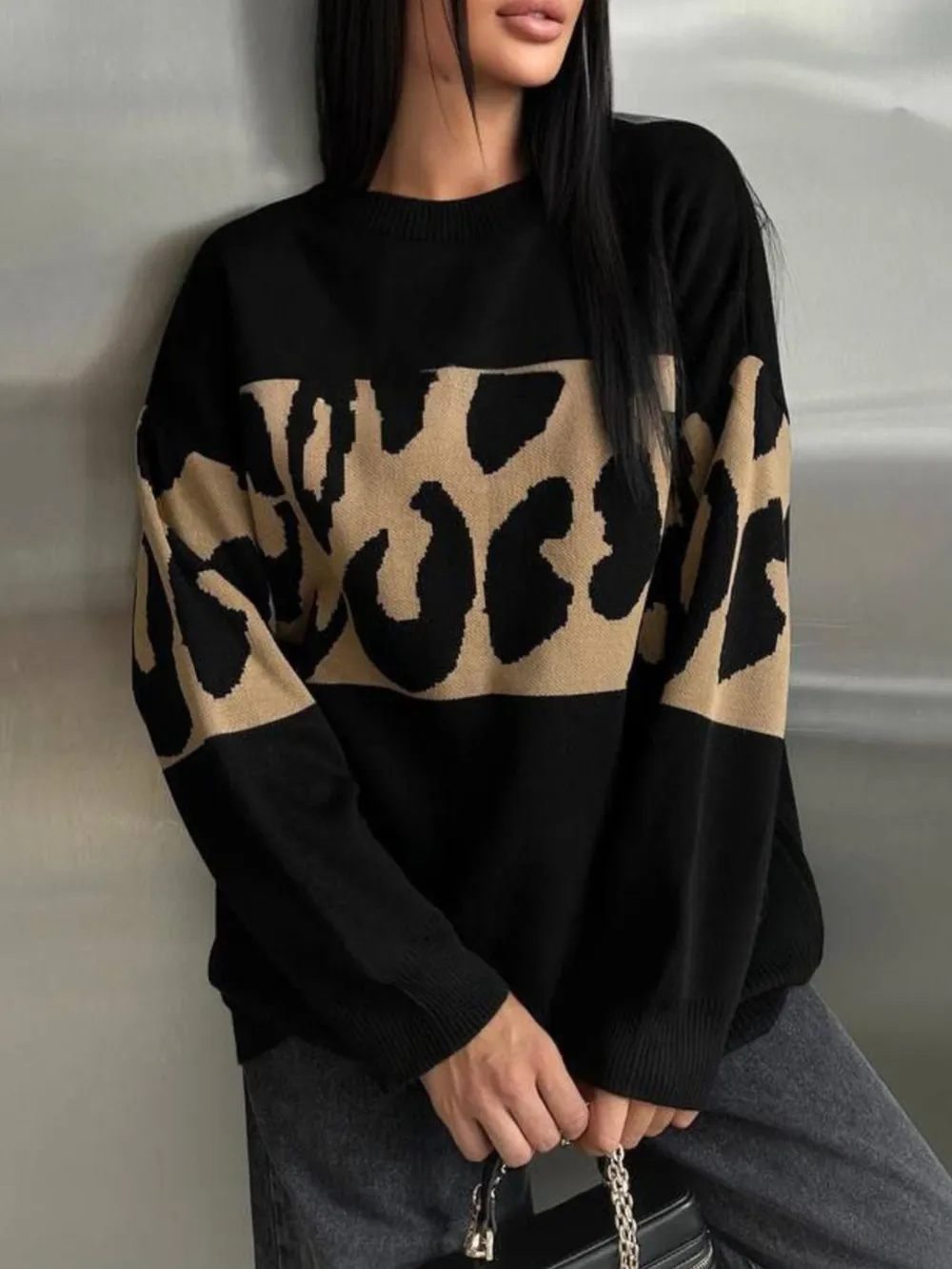 Leopard Color Block Round Neck Sweater, image 8