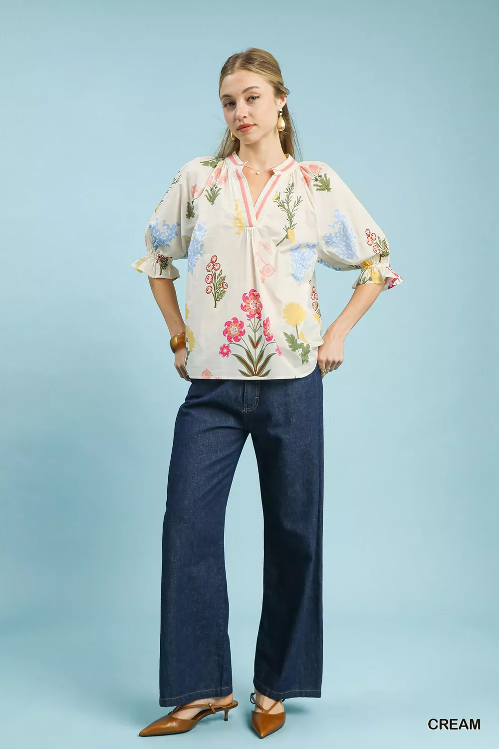 Floral Split Neck Puff Sleeve Top, image 5
