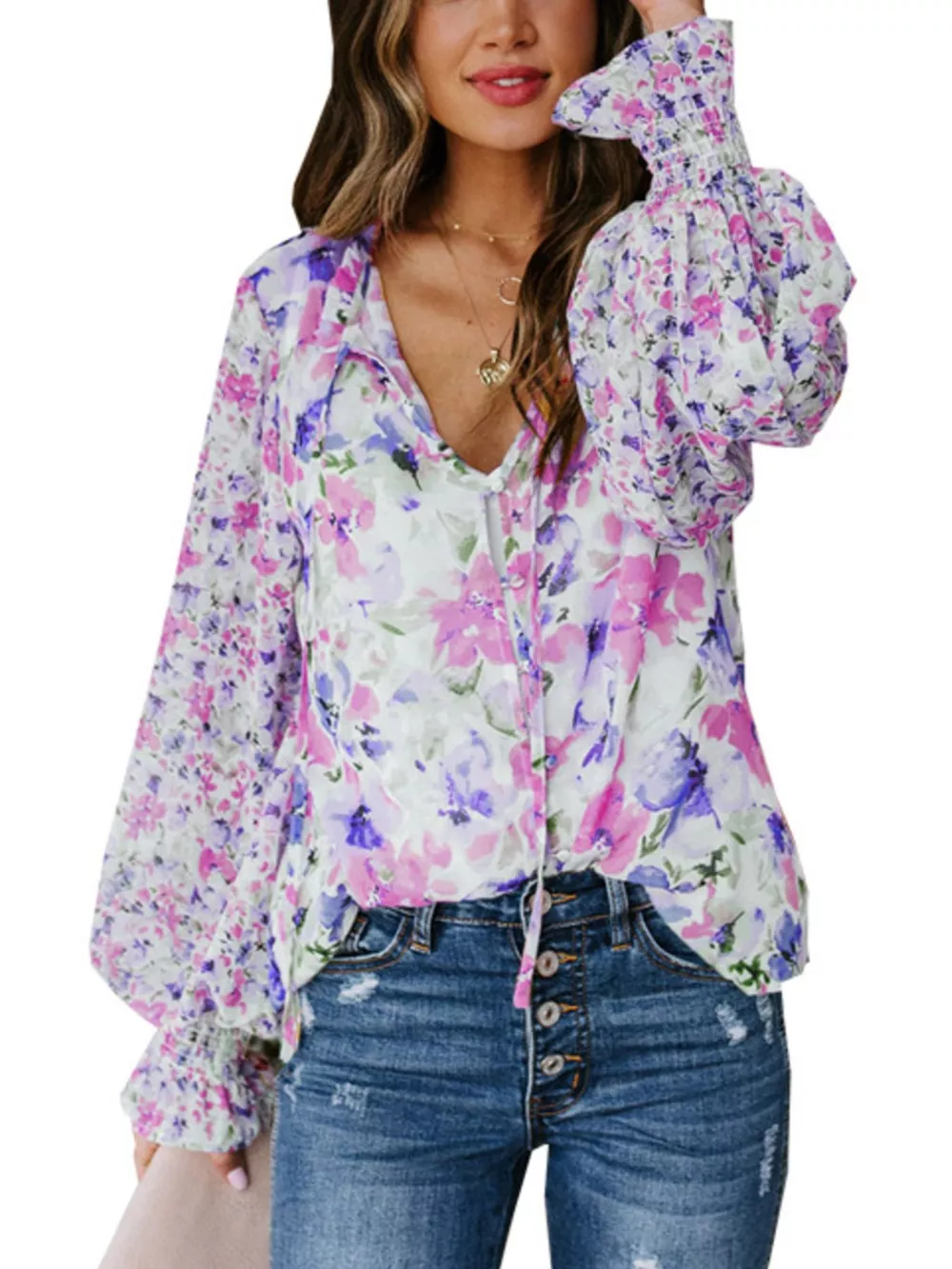 Full Size Floral Print Smocked Cuff Blouse Plus Size, image 5