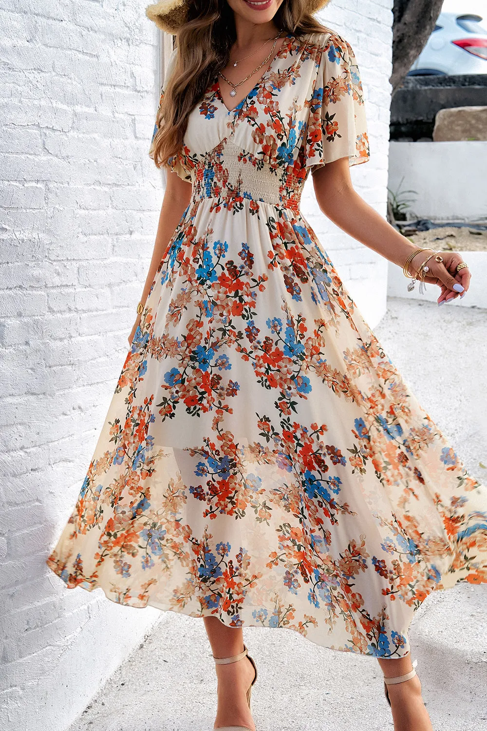 Smocked Floral V-Neck Short Sleeve Dress, image 4