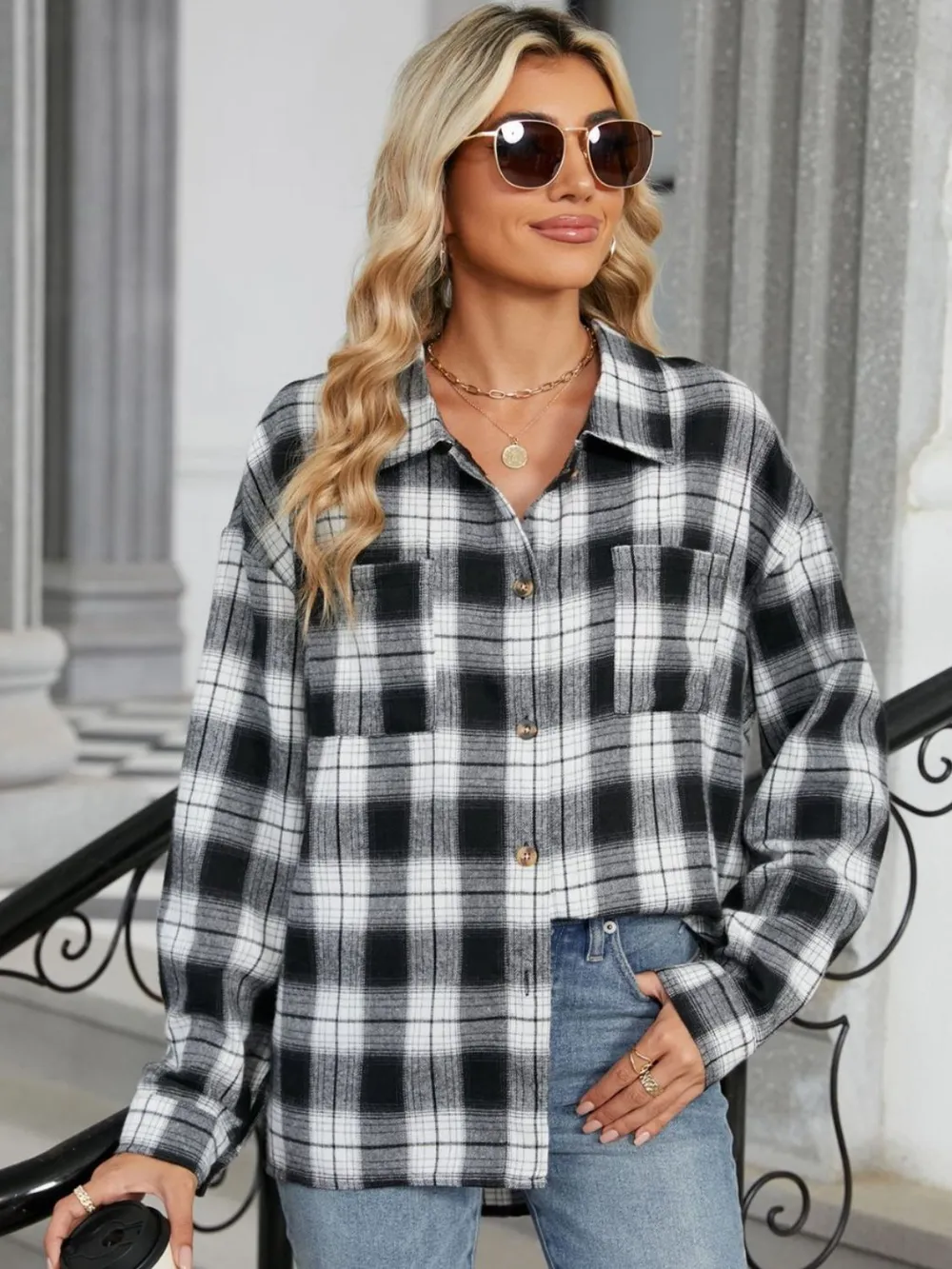 Plaid Collared Neck Long Sleeve Shirt, image 14