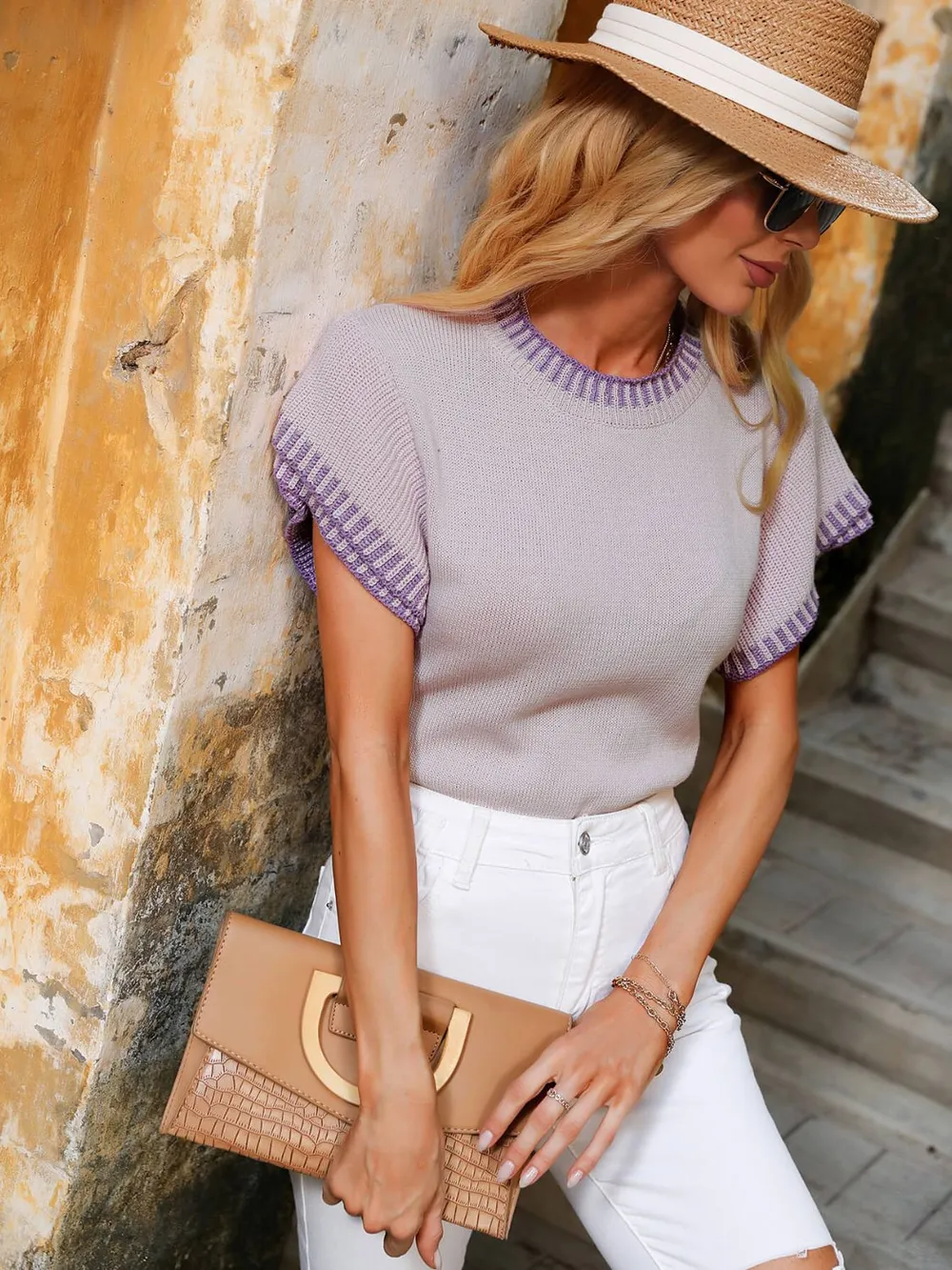 Contrast Round Neck Short Sleeve Knit Top, image 15