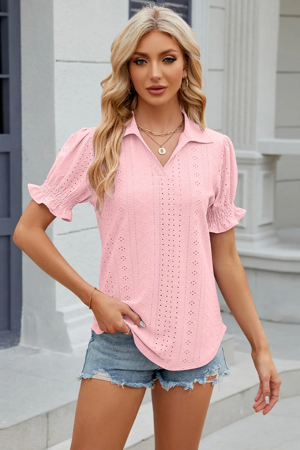 Eyelet Johnny Collar Short Sleeve Blouse, image 7