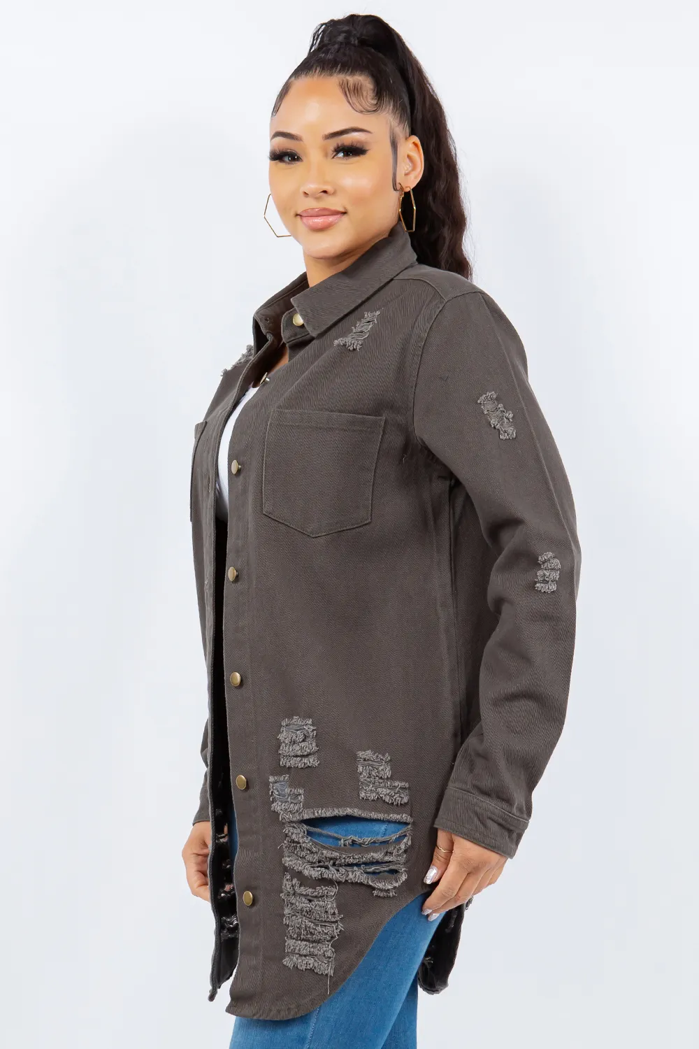 Distressed Button Up Long Sleeve Denim Jacket, image 3