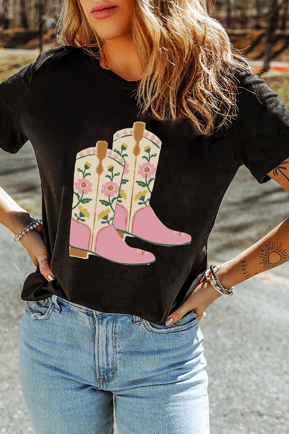Floral Cowgirl Boots Graphic T-Shirt, image 4