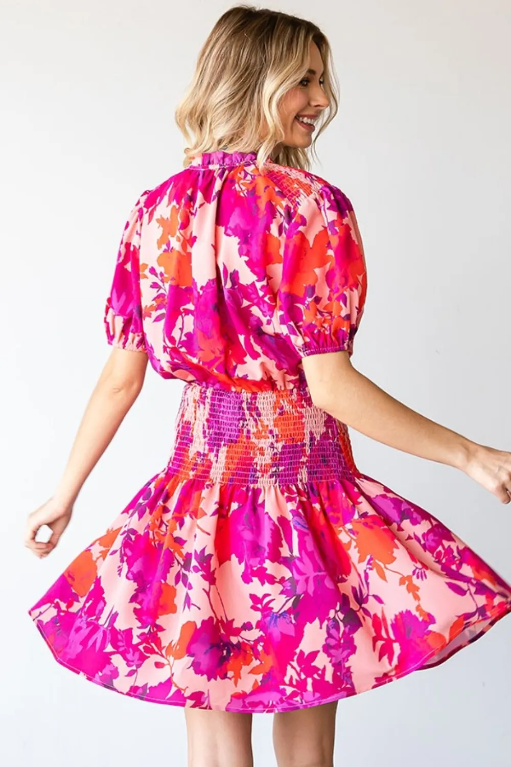Floral Short Sleeve Smocked Mini Dress, image 3