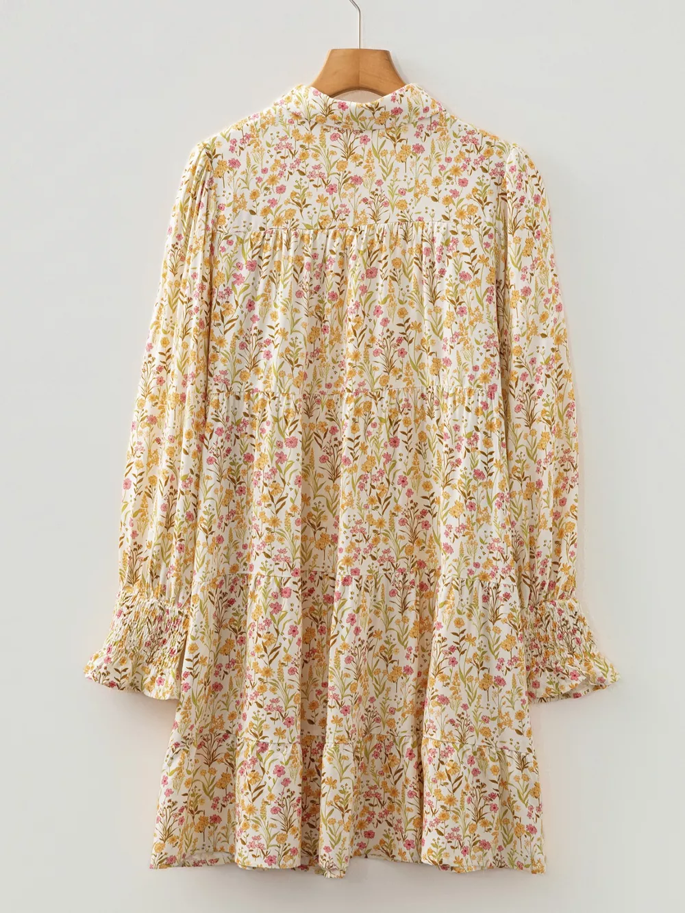 Floral Print Frilly Trim Smocked Cuff Long Sleeve Loose Shirt Dress, image 11