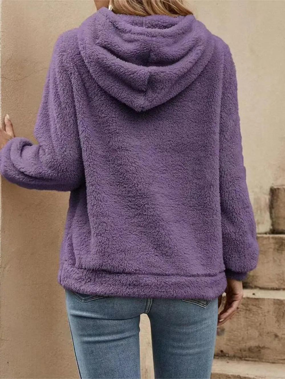 Drawstring Long Sleeve Fuzzy Hoodie, image 3