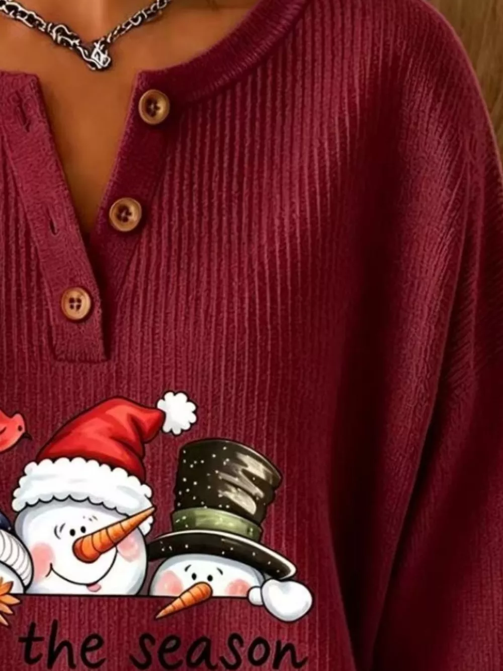 Full Size Christmas Themed Snowman Graphic Ribbed Henley Sweatshirt Plus Size, image 8