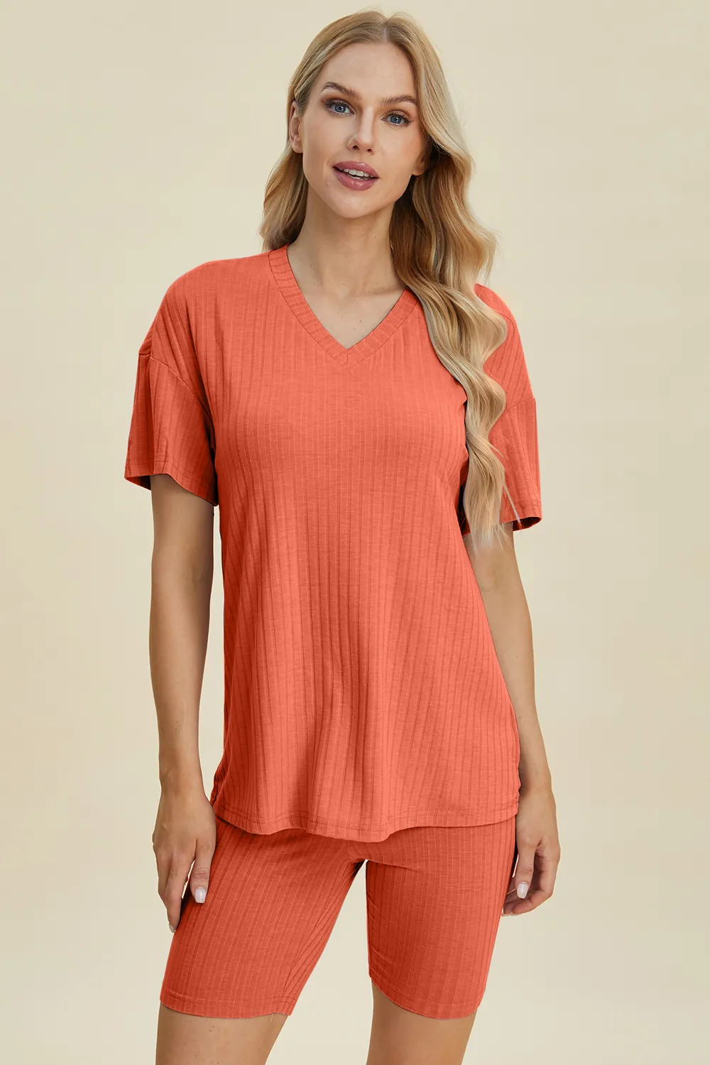 Full Size Ribbed V-Neck Short Sleeve Top and Shorts Set, image 24