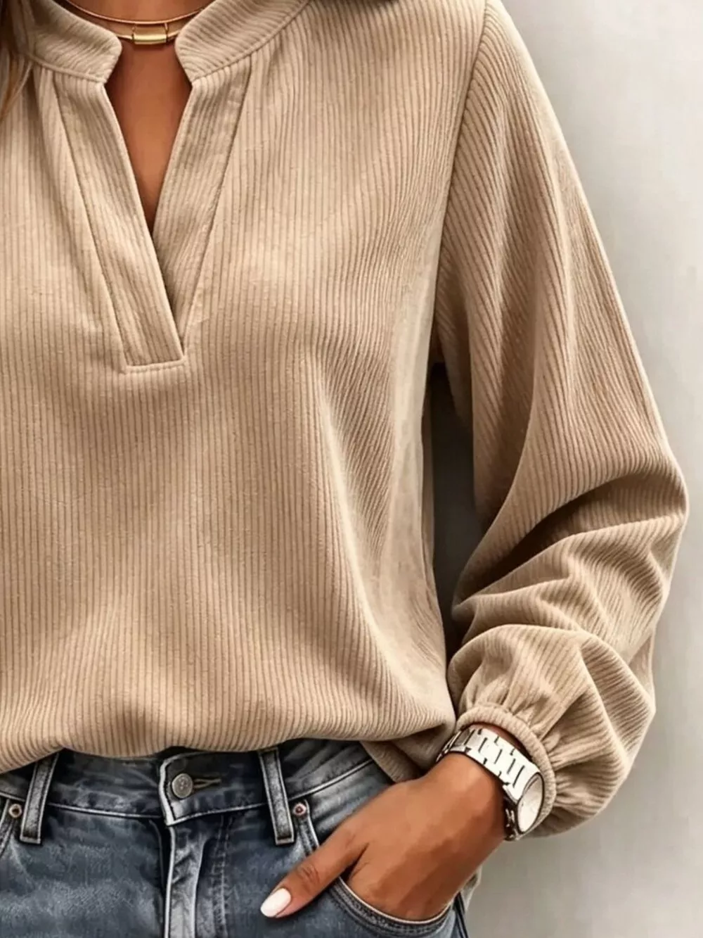 Full Size Corduroy Notched Long Sleeve Top Plus Size, image 4