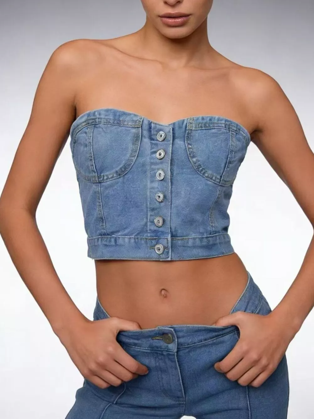 Button-Front Denim Tube Top, image 5