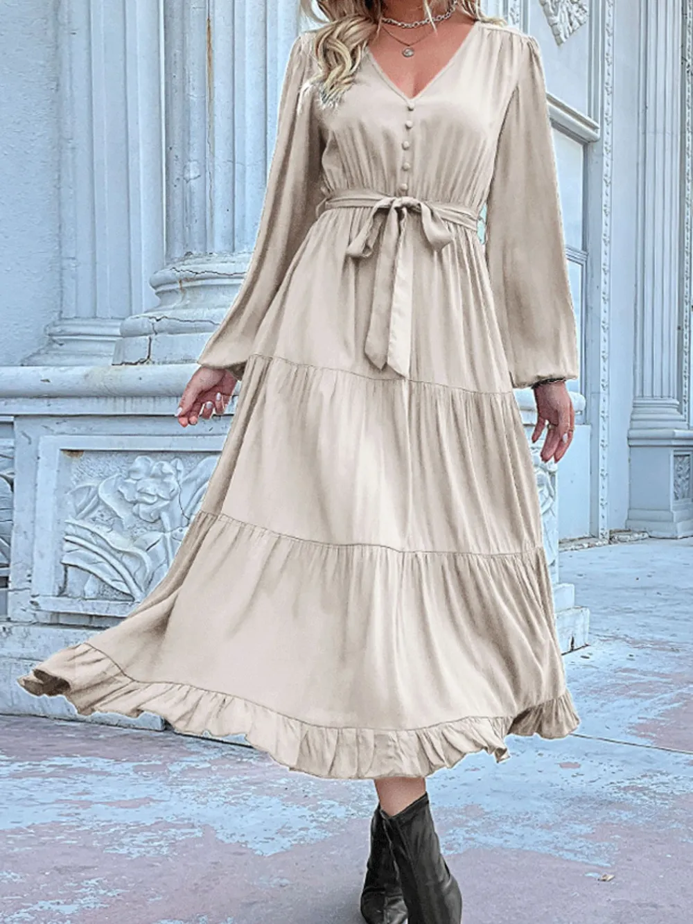 Ruffled Hem V-Neck Balloon Sleeve Dress, image 23