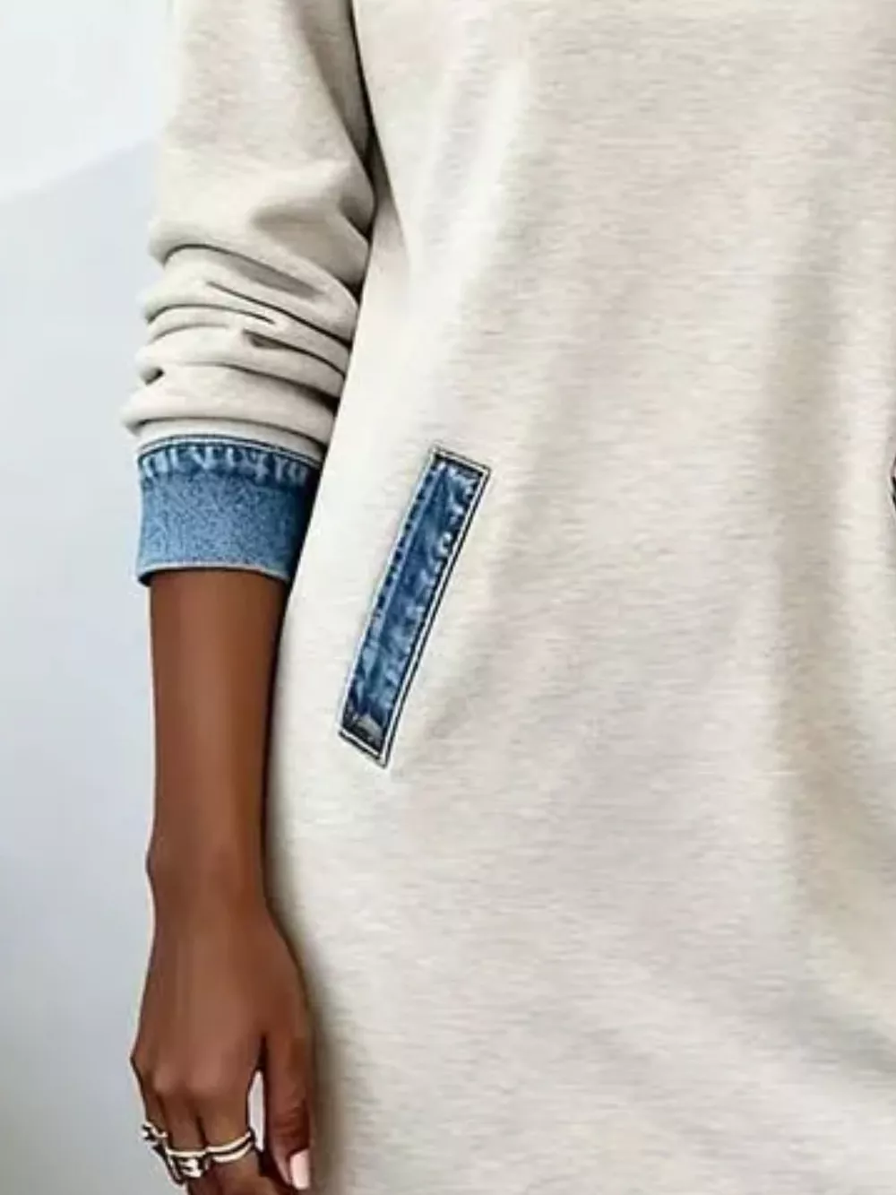 Full Size Denim Patchwork Hooded Sweatshirt Dress Plus Size, image 2