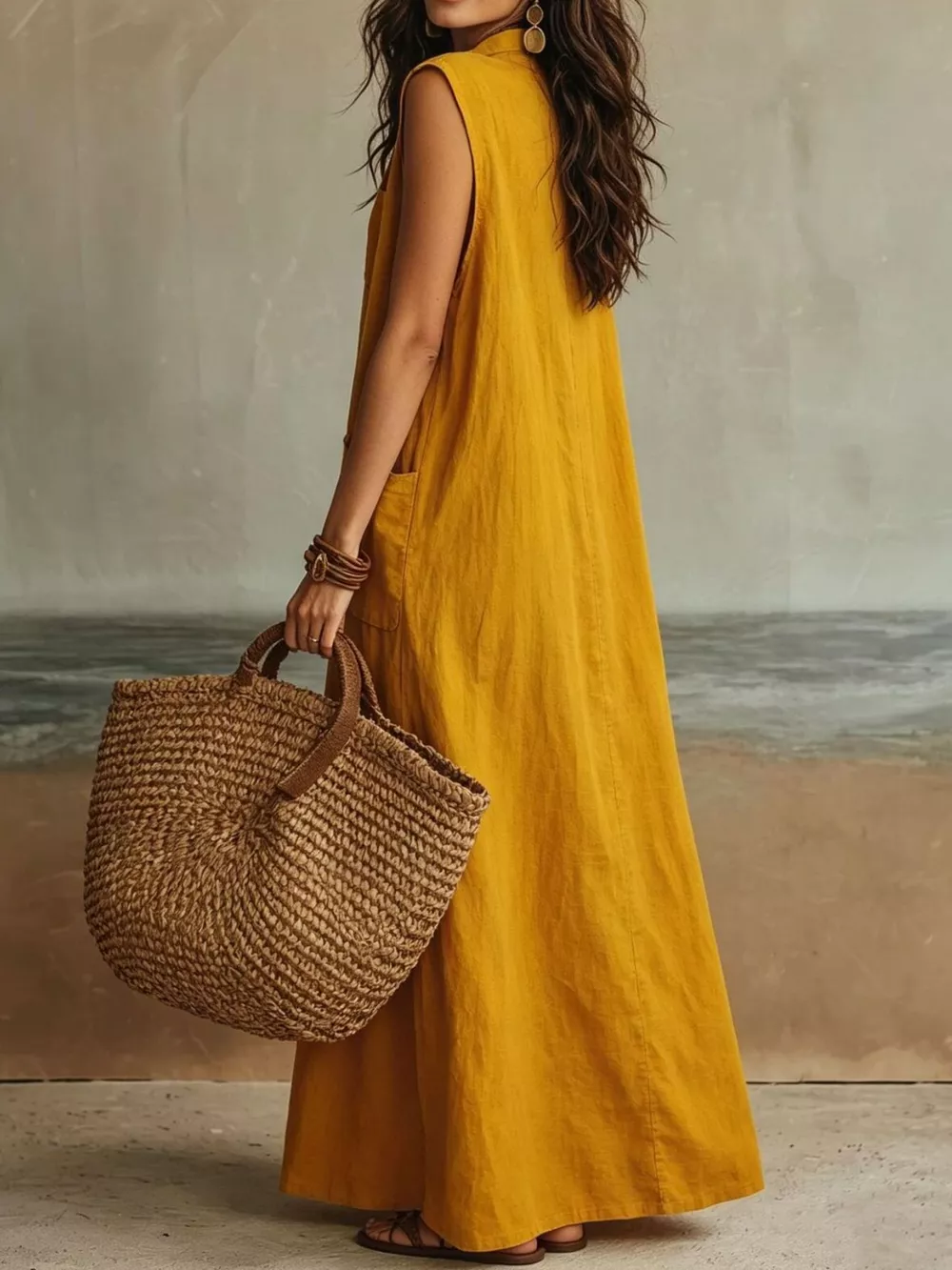 Sleeveless Button-Down Linen Maxi Dress, image 4