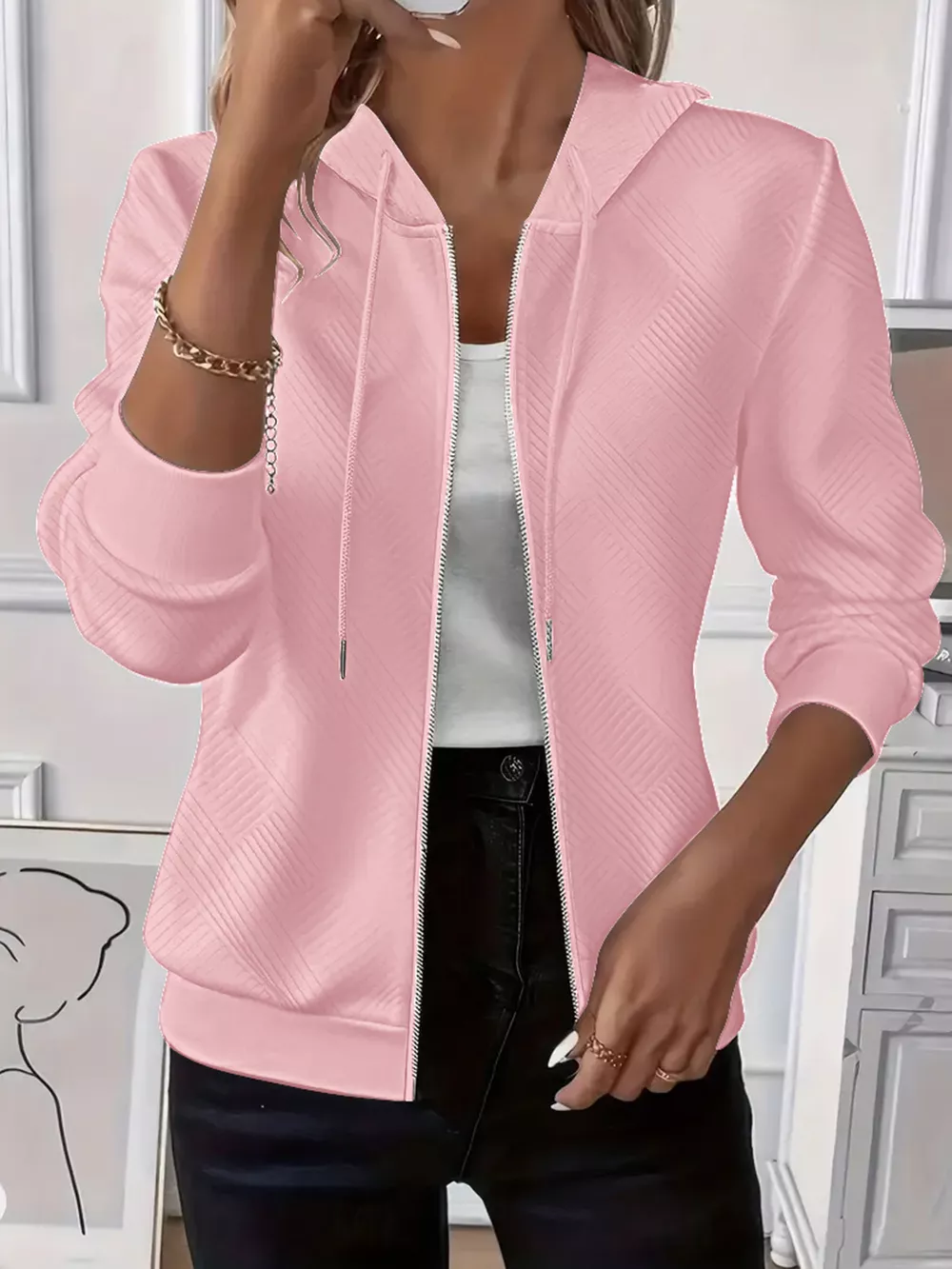 Texture Zip-Up Hoodie with Drawstring, image 11