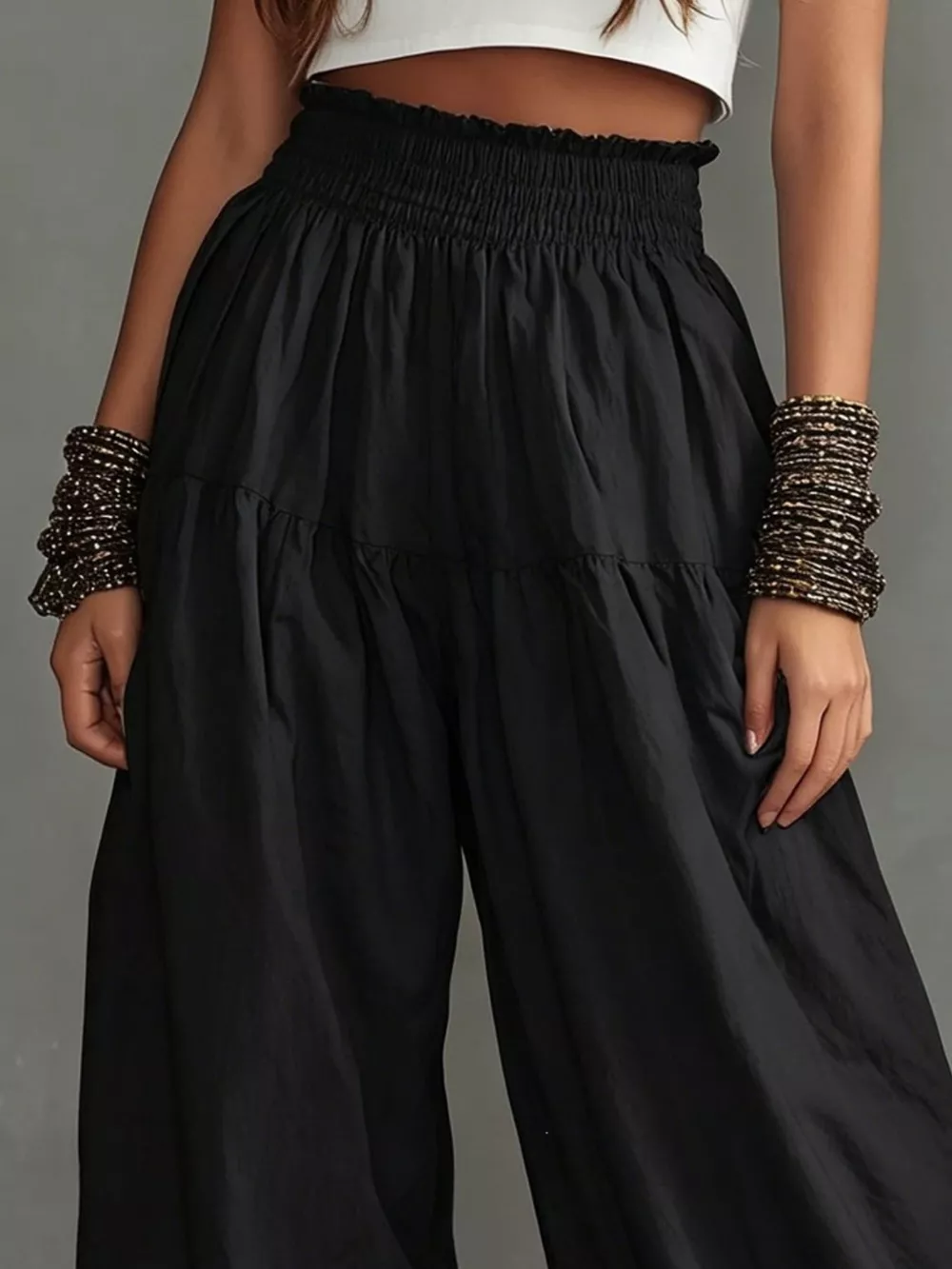 Full Size Smocked Ruffle Hem Wide Leg Pants Plus Size, image 3