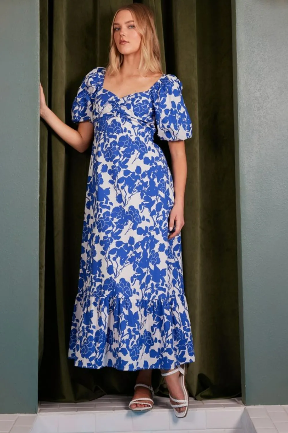 Cutout Back Floral Sweetheart Neck Puff Sleeve Dress, image 5