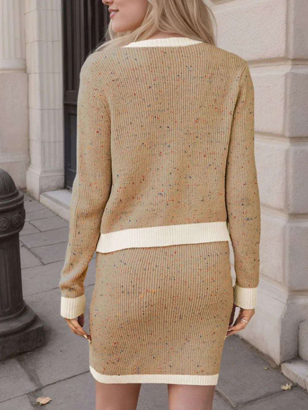Contrast Trim Ribbed Top and Skirt Sweater Set, image 11