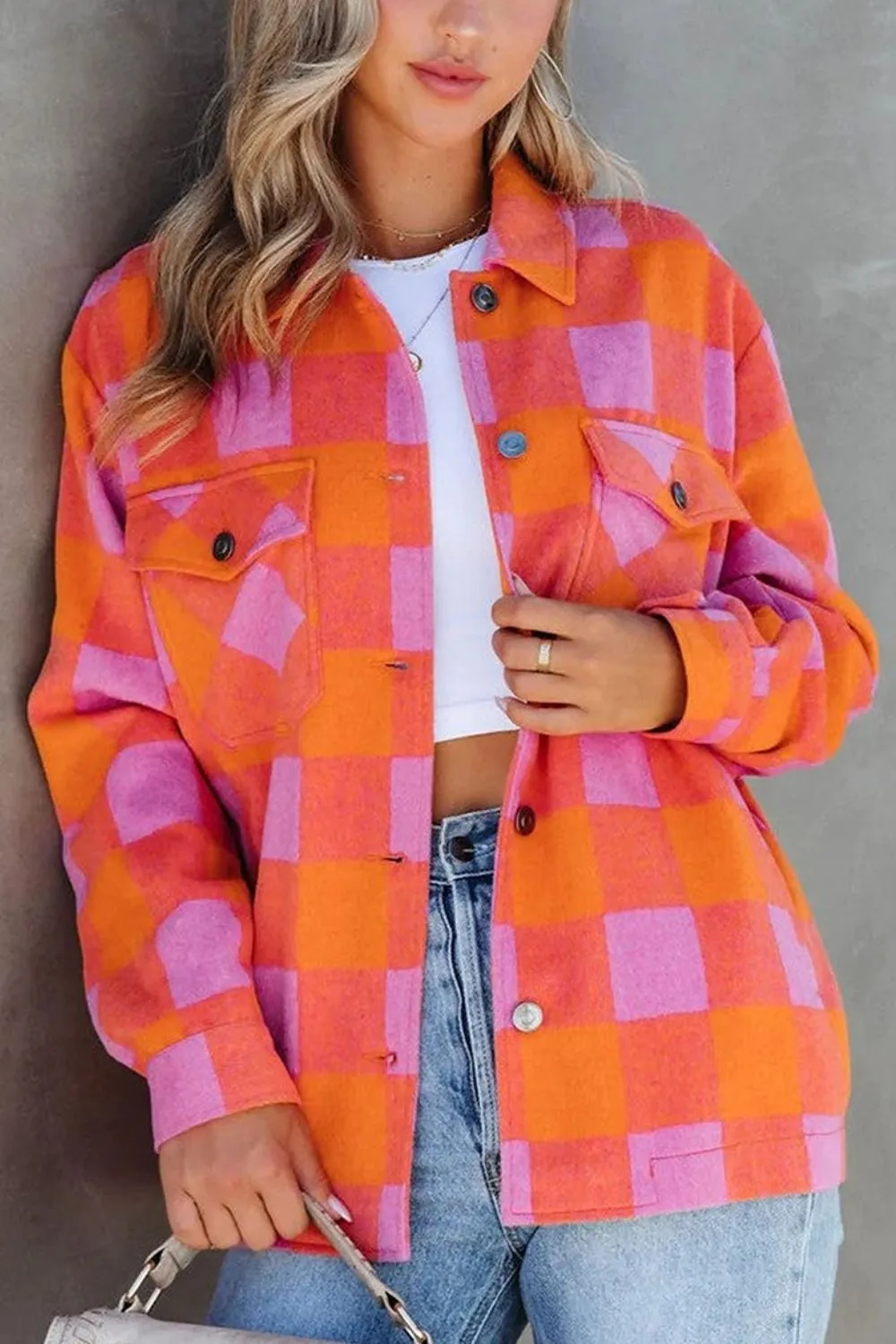 Plaid Collared Neck Button Up Jacket, image 9
