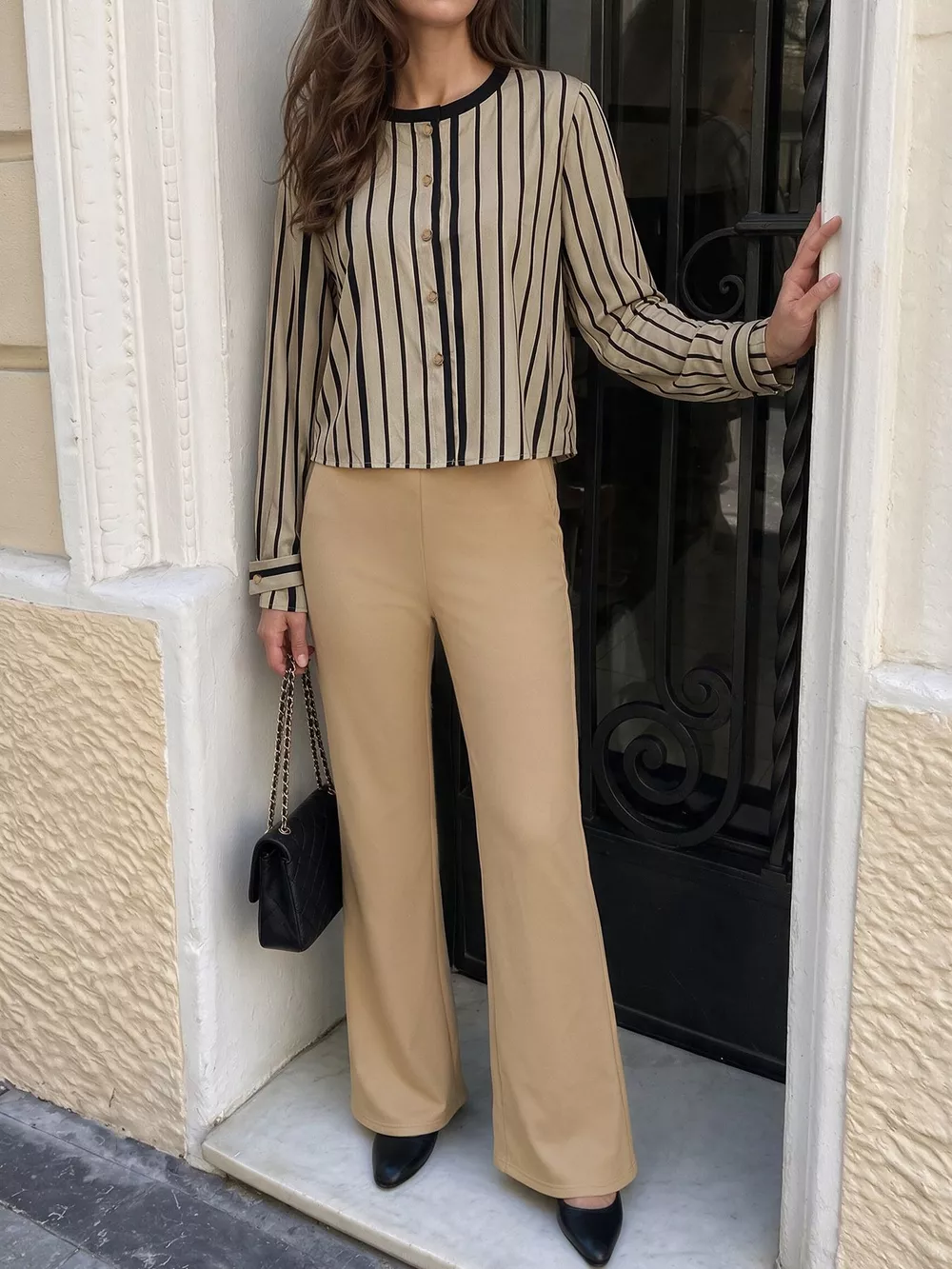 Striped Button-Down Shirt and High-Waisted Flare Pants Set, image 5