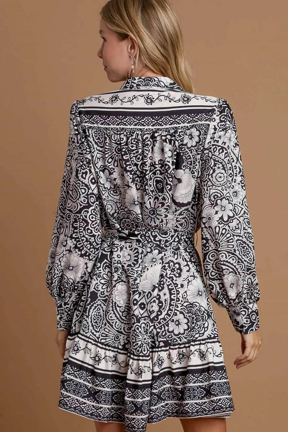 Full Size Two Tone Floral Border Print Tie Waist Mini Dress Plus Size, image 4
