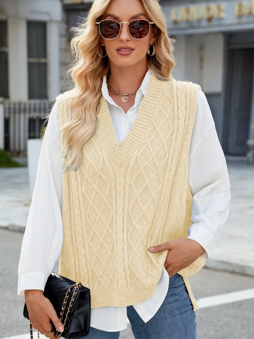 Cable Knit V-Neck Sweater Vest, image 15