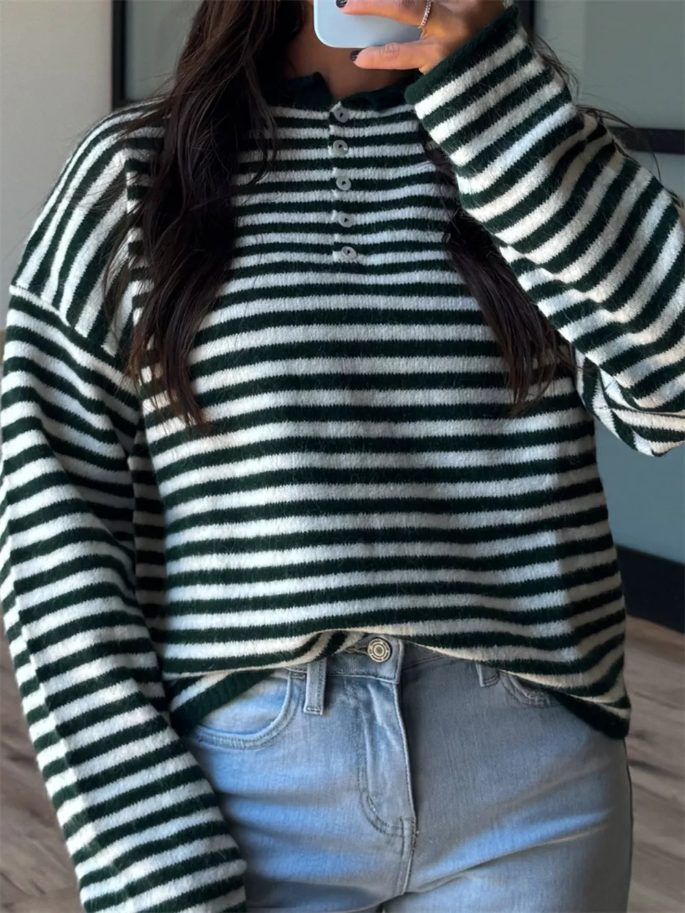 Button Detail Dropped Shoulder Striped Sweater, image 12