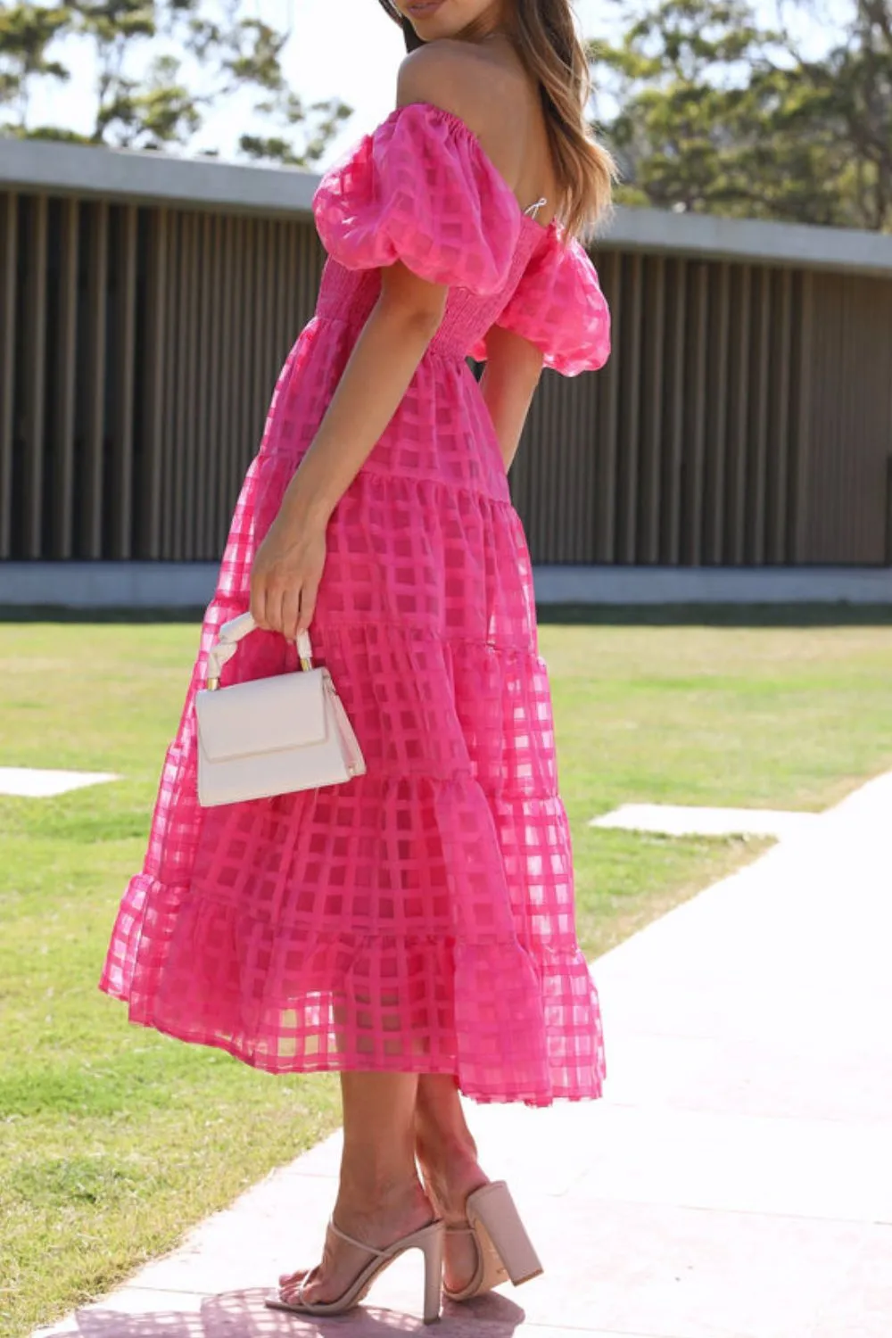 Off Shoulder Short Puff Sleeve Midi Dress, image 24