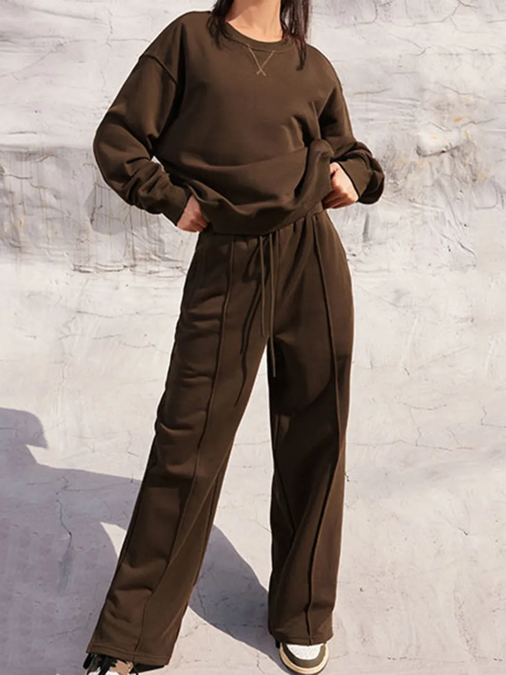 Round Neck Long Sleeve Top and Elastic Waist Pants Set, image 2